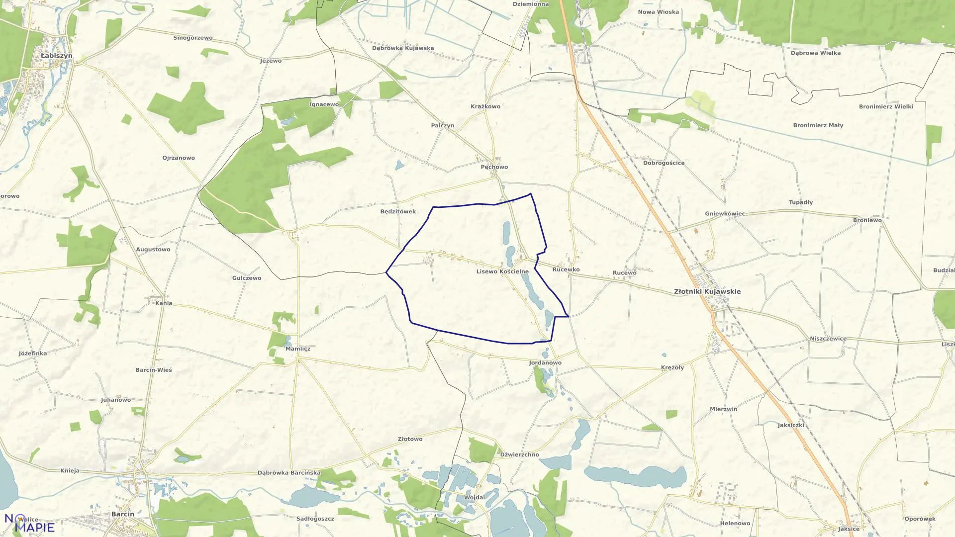 Mapa obrębu Lisewo Kościelne w gminie Złotniki Kujawskie